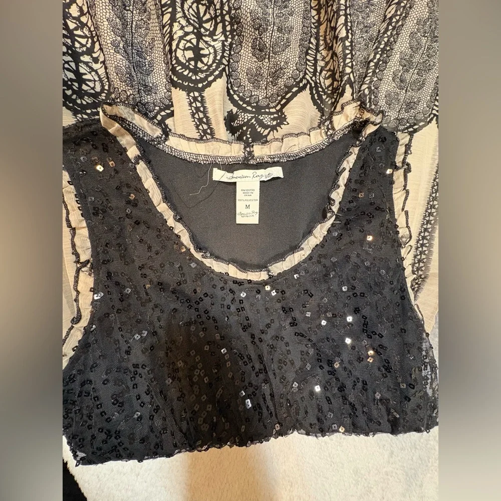 American‎ Rag Cie Black Cream Sequin Organza Print Fit Flare Dress Medium M